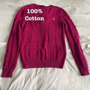 Ralph Lauren Sport 100% Cotton Magenta Cable‑Knit Vneck Sweater – size L